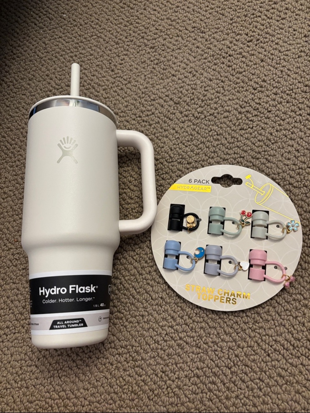 Hydro Flask Oat Travel Tumbler with Handle and Straw w/ Charm Toppers